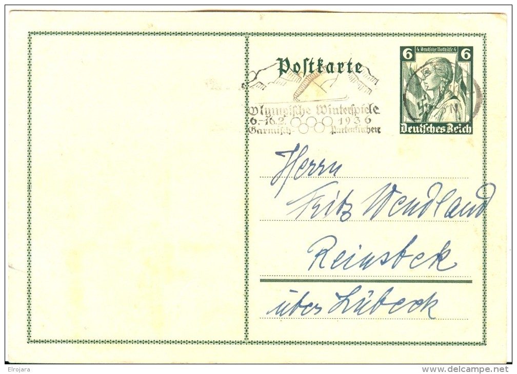 GERMANY Stationery With Olympic Machine Cancel Olympische Winterspiele From Lübeck - Winter 1936: Garmisch-Partenkirchen