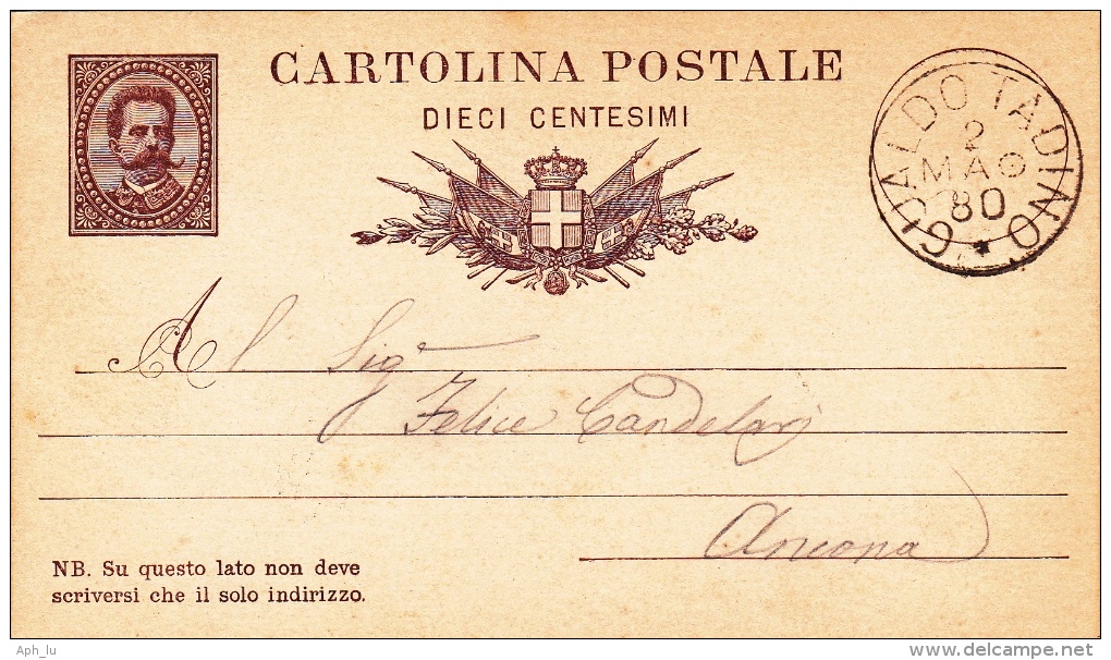 Postkarte 1879 Filagrano C 5/- Von "GUALDO TADINO" Nach Ancona (v075) - Entiers Postaux
