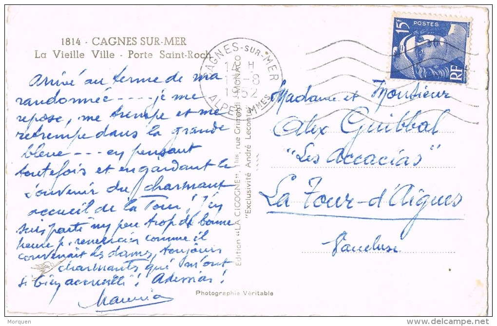 14628. Postal  CAGNES Sur MER (Alpes Matitimes) 1952. Vieille Ville. Porte Saint Roch - Cartas & Documentos