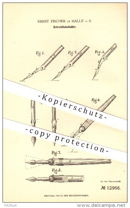 Original Patent - Ernst Fischer , Halle A. D. Saale , 1880 , Schreibfederhalter , Federhalter , Schreiben , Schreibfeder - Schreibgerät