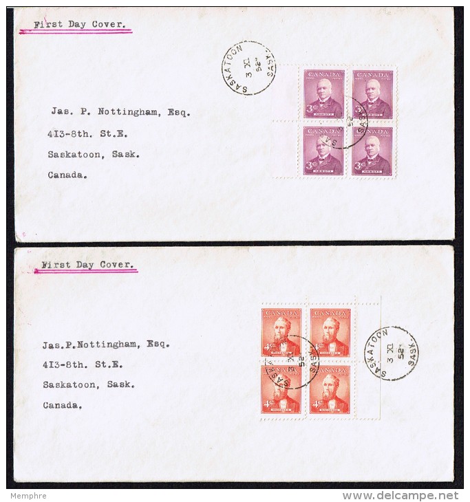 1952  Prime Ministers  Matched Set Of 2  Blocks Of 4 On Private Cover  Saskatoon SK Cancel  Sc 318, 319 - 1952-1960