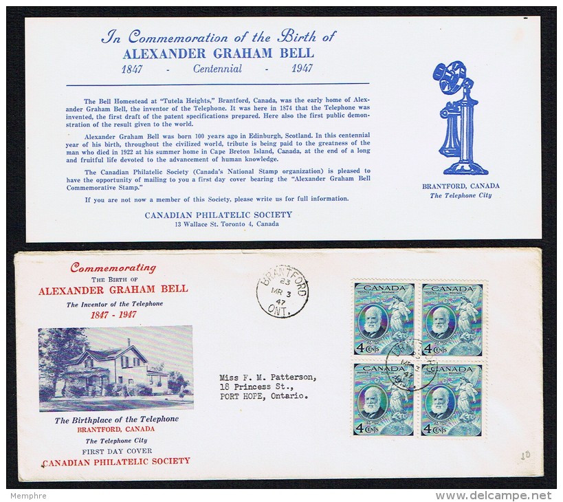 1947  Alexandr Graham Bell, Inventor Of The Telephone  Sc 274  Block Of 4 Canadian Philatelic Society Cachet With Insert - ....-1951