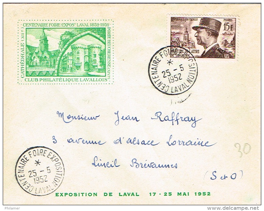 France Cachet Commemoratif Laval Centenaire Foire Exposition  Timbre De Lattre Club Levallois 1952 - Covers & Documents