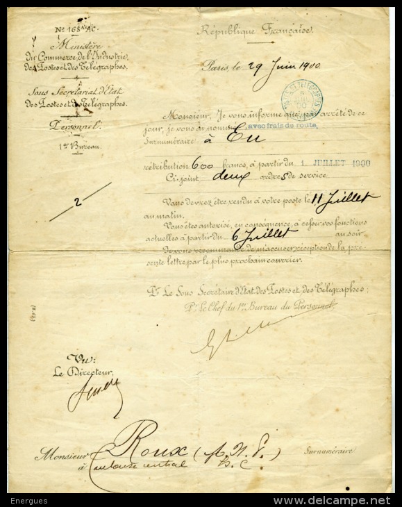 Ministère Des Postes Et Des Télégraphes,1900  Eu, Nomination Surnuméraire, Cachet Postal, Frais De Route, Roux Toulouse - Décrets & Lois