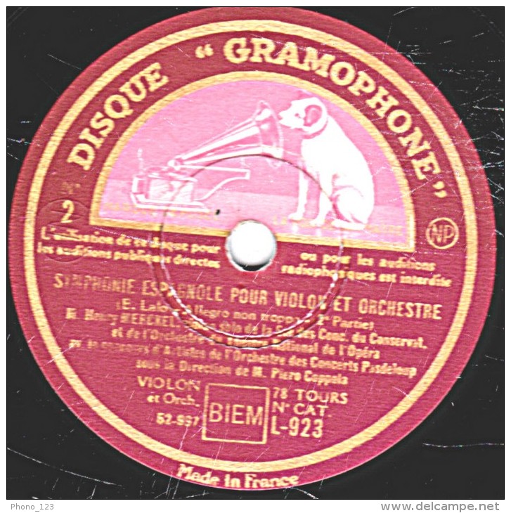 78 Trs  30 Cm - état TB -  SYMPHONIE ESPAGNOLE POUR VIOLON ET ORCHESTRE (E.Lalo "ALllegro Non Troppo"  1re Et 2e Parties - 78 T - Disques Pour Gramophone