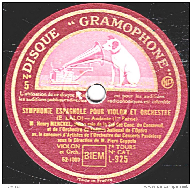 78 Trs  30 Cm - état TB -  SYMPHONIE ESPAGNOLE POUR VIOLON ET ORCHESTRE (E.Lalo " Andante" 1re Et 2e Parties - 78 T - Disques Pour Gramophone