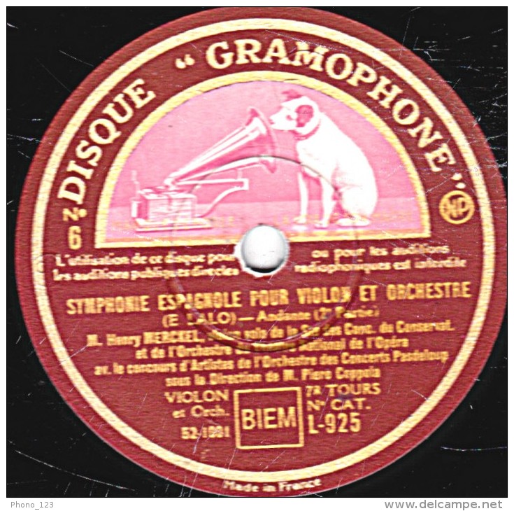 78 Trs  30 Cm - état TB -  SYMPHONIE ESPAGNOLE POUR VIOLON ET ORCHESTRE (E.Lalo " Andante" 1re Et 2e Parties - 78 Rpm - Schellackplatten