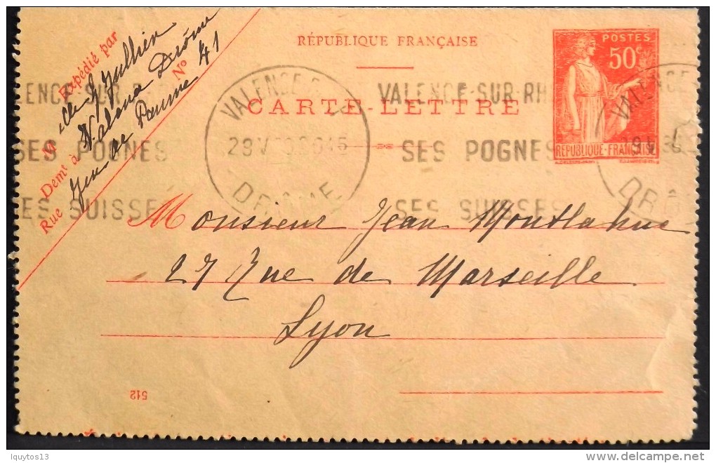 FRANCE 1931 - Type Paix - ENTIER POSTAL 283-CL1 - CARTE LETTRE - Valence 29.05.1931 - Date 512 - TBE - - Kartenbriefe