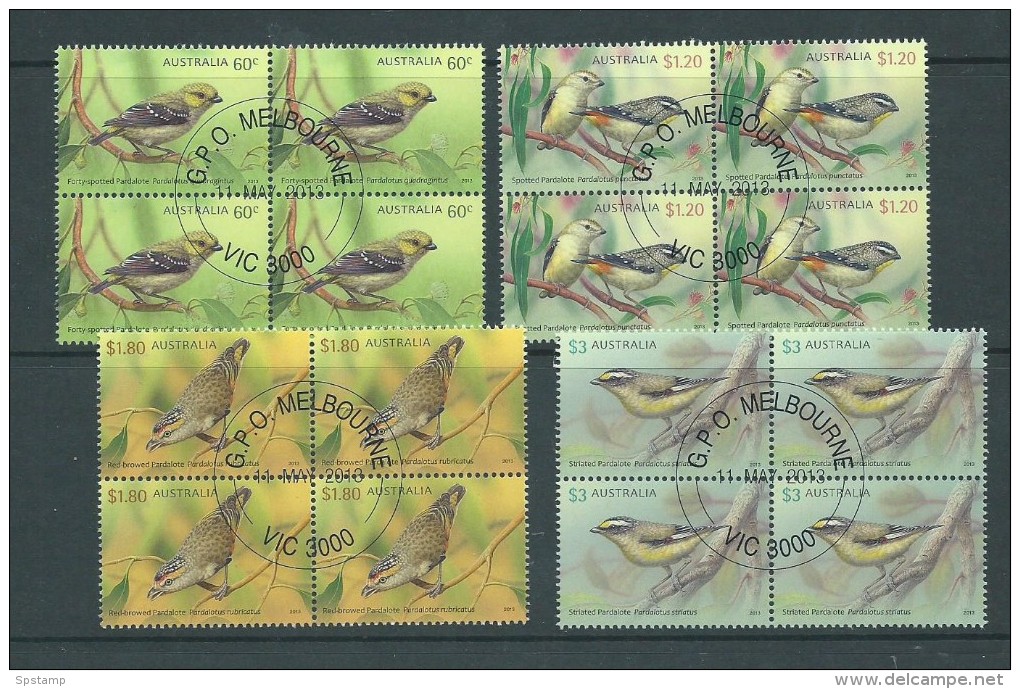 Australia 2013 Bird Pardalotes Set 4 VFU Blocks Of 4 Melbourne CTO - Used Stamps