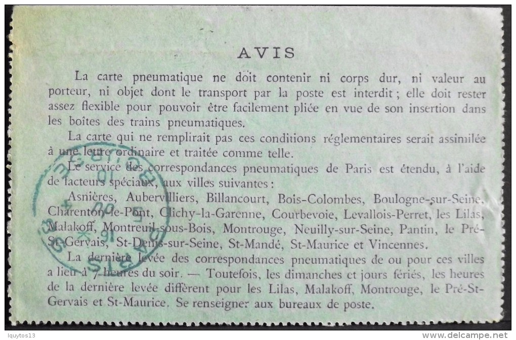 FRANCE 1910 Semeuse 30c Type 1 - ENTIER POSTAL CLPP3 - Carte Pneumatique - Paris Bayen  Le 5 Du 4.1910  -TBE - - Neumáticos