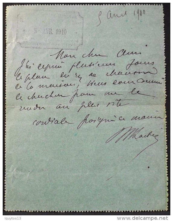 FRANCE 1910 Semeuse 30c Type 1 - ENTIER POSTAL CLPP3 - Carte Pneumatique - Paris Bayen  Le 5 Du 4.1910  -TBE - - Neumáticos