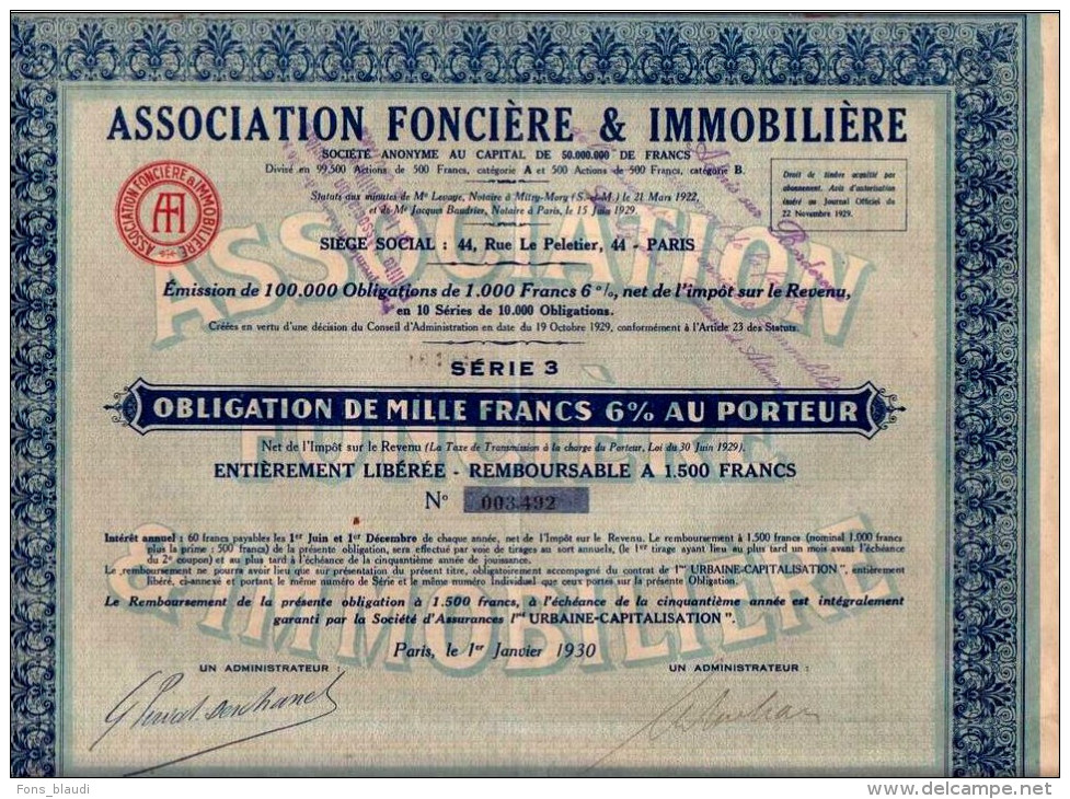 1929 - Obligation - Association Foncière & Immobilière Au  44 Rue Le Peletier à Paris 9ème - FRANCO DE PORT - A - C