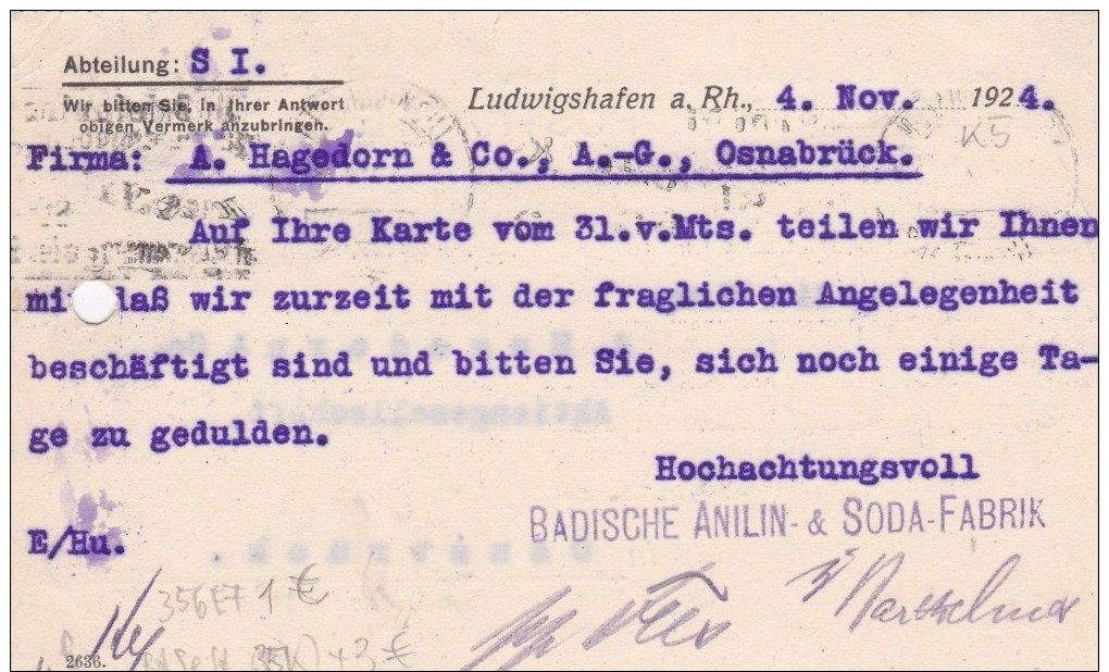 Ludwigshafen, Badische Anilin- & Soda-Fabrik - Fa. A. Hagedorn & Co., Aktiengesellschaft Osnabrück, 1924 - Briefe U. Dokumente