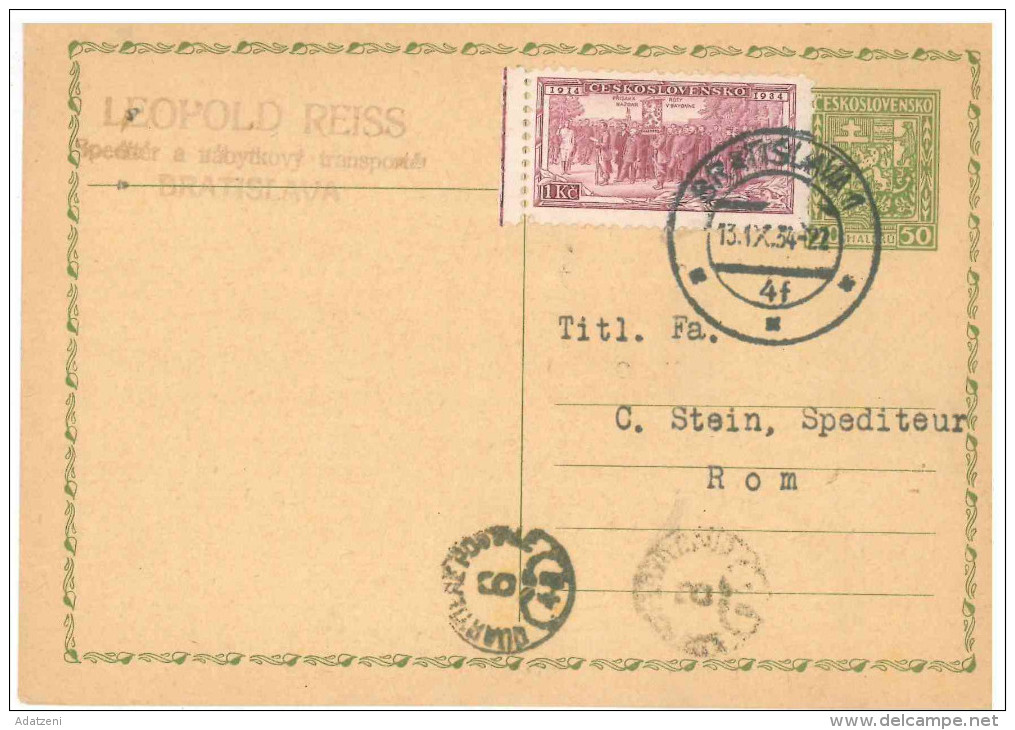 STORIA POSTALE 13 CARTOLINA POSTALE CECOSLOVACCHIA  VIAGGIATA 13 SETTEMBRE 1934 DA BRATISLAVA VERSO ROMA CONDIZIONI BUON - Storia Postale