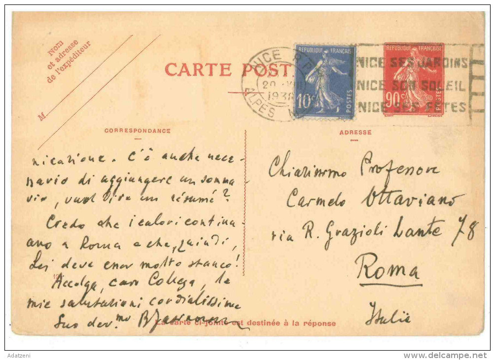 STORIA POSTALE 22 CARTOLINA POSTALE FRANCIA CARTE POSTALE REPUBLIQUE FRANCAISE VIAGGIATA 20 AGOSTO 1938 DA NIZZA NICE VE - Storia Postale