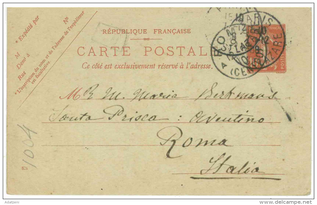 STORIA POSTALE 33 CARTOLINA POSTALE FRANCIA CARTE POSTALE REPUBLIQUE FRANCAISE VIAGGIATA 1908 DA PARIGI PARIS  VERSO ROM - Andere & Zonder Classificatie