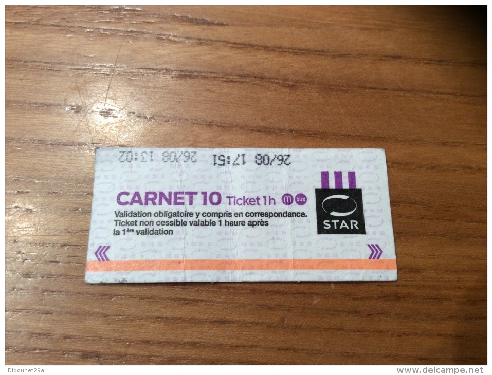 Ticket De Transport * (bus, Métro, Tramway) STAR - RENNES(35) "Carnet 10" - Europe