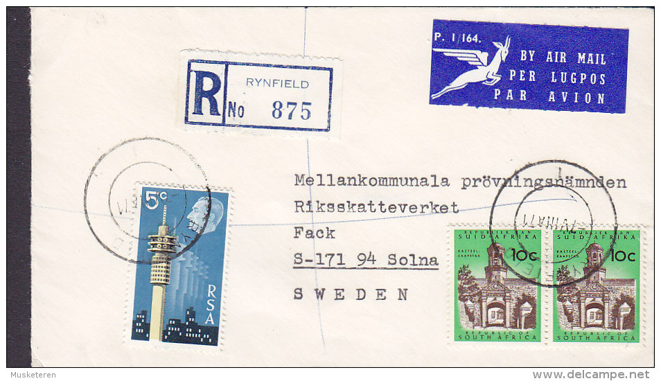 South Africa AIR MAIL Lugpos Par Avion & Registered Einschreiben Labels RYNFIELD 1971 Cover Brief SOLNA Sweden (2 Scans) - Luchtpost