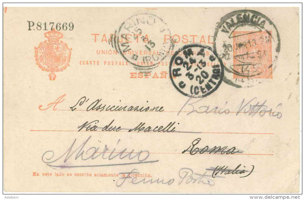 STORIA POSTALE 69 CARTOLINA POSTALE SPAGNA TARJETA POSTAL VIAGGIATA 20 MARZO 1913 DA VALENCIA VERSO ROMA CONDIZIONI BUON - Storia Postale