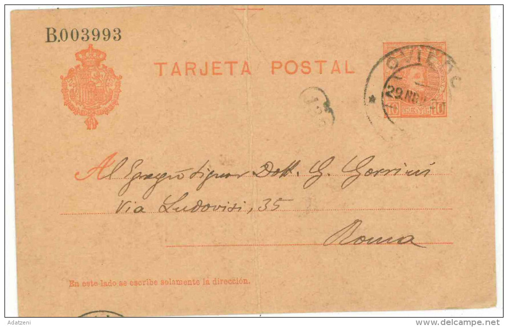 STORIA POSTALE 70 CARTOLINA POSTALE SPAGNA TARJETA POSTAL VIAGGIATA 29 NOVEMBRE 1904 DA OVIEDO VERSO ROMA CONDIZIONI BUO - Storia Postale