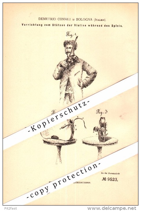 Original Patent - Demetrio Consili In Bologna , Italia , 1879 , Supporto Per Violino , Musica !!! - Instruments De Musique