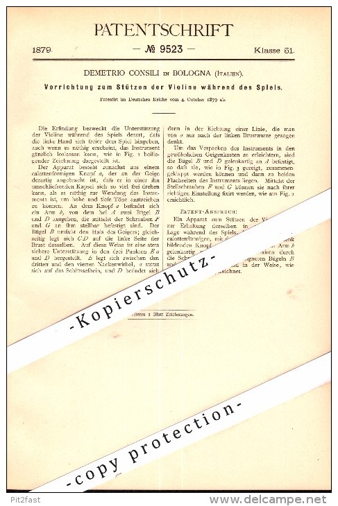 Original Patent - Demetrio Consili In Bologna , Italia , 1879 , Supporto Per Violino , Musica !!! - Musikinstrumente