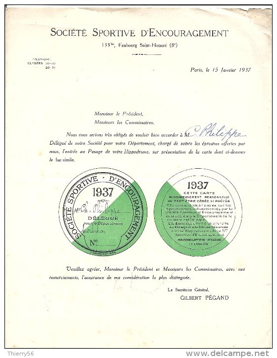 Lettre 1937 Société Sportive D'encouragement - Fac-similé Carte Adhérent - Hippisme Hippodrome Cheval - Equitation