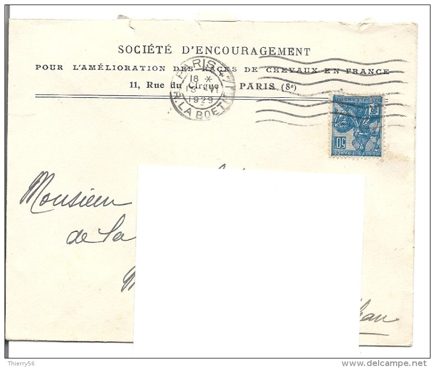 Enveloppe 1929 Avec Entête Société Encouragement Pour Amélioration Races Chevaux  - Timbre Jeanne D'Arc Orléans - Equitation