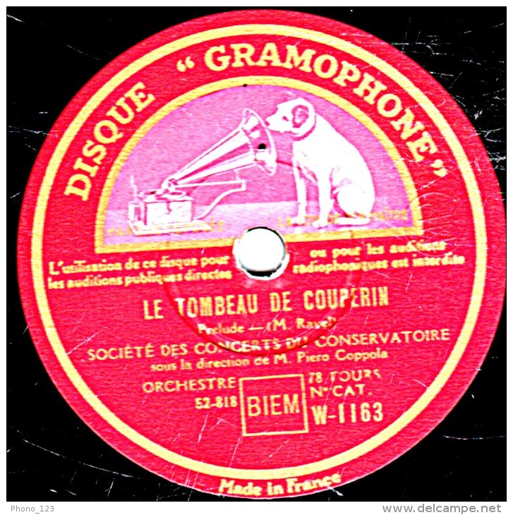 78 Trs  30 Cm - état TB -  SOCIETE DES CONCERTS  DU CONSERVATOIRE - LE TOMBEAU DE COUPERIN  Pélude Forlane (Ravel) - 78 T - Disques Pour Gramophone