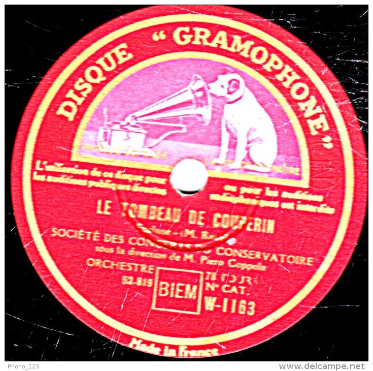 78 Trs  30 Cm - état TB -  SOCIETE DES CONCERTS  DU CONSERVATOIRE - LE TOMBEAU DE COUPERIN  Pélude Forlane (Ravel) - 78 T - Disques Pour Gramophone