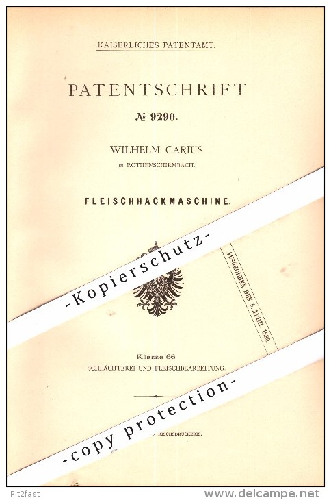 Original Patent -Wilhelm Carius In Rothenschirmbach B. Eisleben , 1879 , Fleisch-Hackmaschine , Fleischer , Metzger !!! - Eisleben