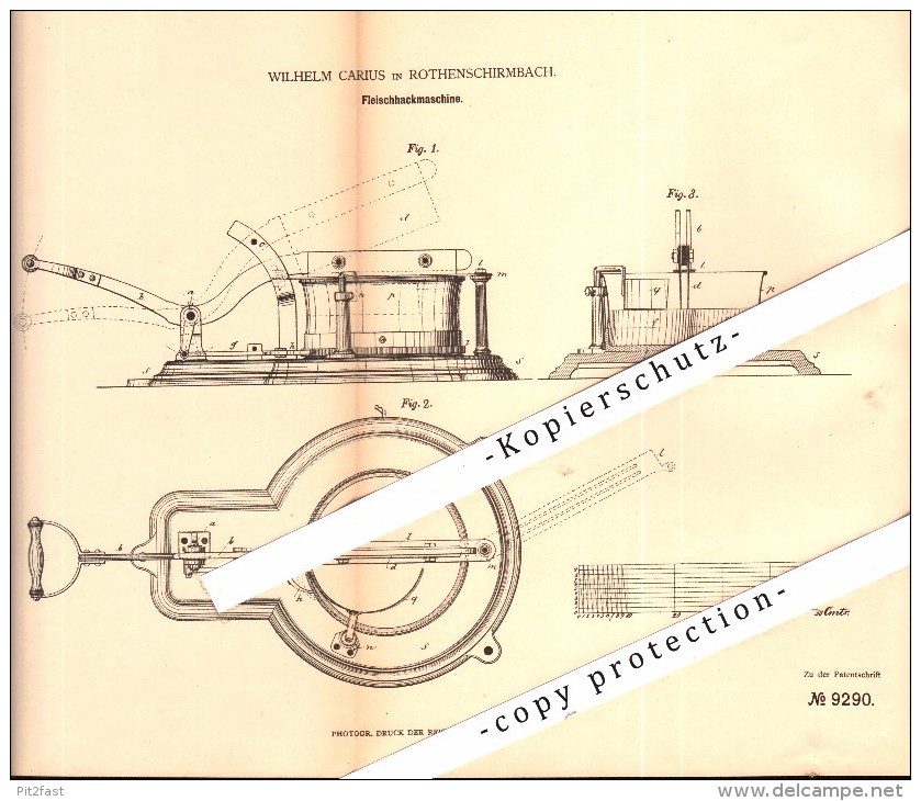 Original Patent -Wilhelm Carius In Rothenschirmbach B. Eisleben , 1879 , Fleisch-Hackmaschine , Fleischer , Metzger !!! - Eisleben