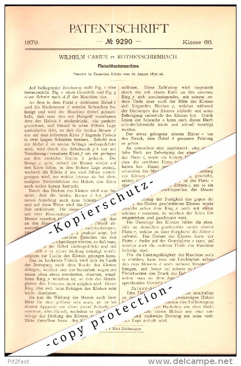 Original Patent -Wilhelm Carius In Rothenschirmbach B. Eisleben , 1879 , Fleisch-Hackmaschine , Fleischer , Metzger !!! - Eisleben