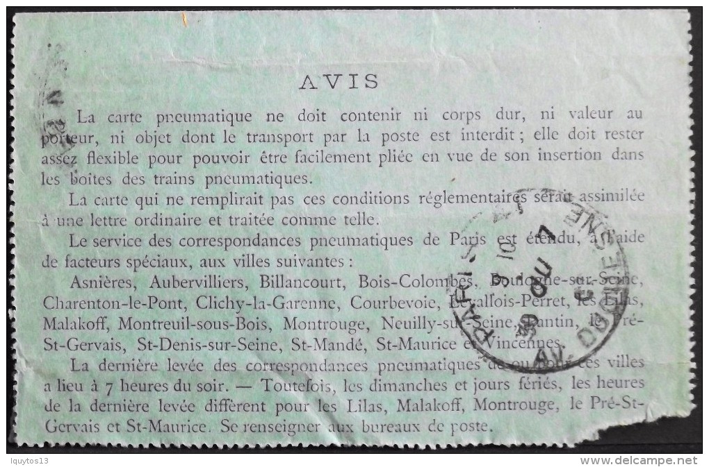 FRANCE 1919 Semeuse 30c Type 1 - ENTIER POSTAL CLPP3 - Carte Pneumatique 819 - Paris Batignolles Le 30 Du 7.1909  - BE - - Pneumatische Post