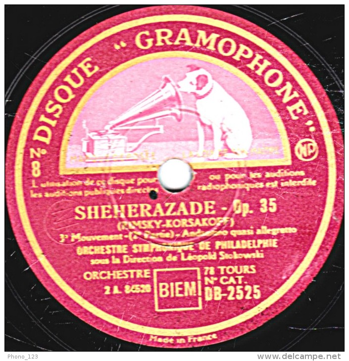 78 Trs  30 Cm - état EX -  ORCHESTRE SYMPHONIQUE DE PHILADELPHIE - SHEHERAZADE 3e Mouvement - 78 T - Disques Pour Gramophone