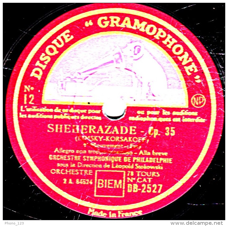 78 Trs  30 Cm - état EX -  ORCHESTRE SYMPHONIQUE DE PHILADELPHIE - SHEHERAZADE 4e Mouvement Fin -2e Partie Et Fin - 78 T - Disques Pour Gramophone