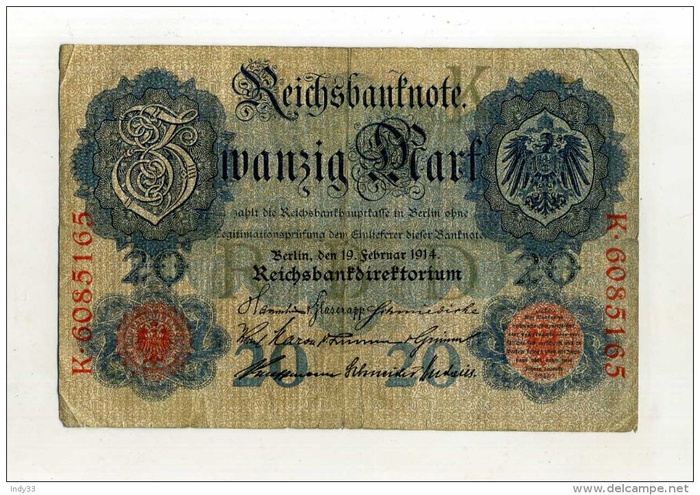 - ALLEMAGNE . BILLET 20 M. 1914 . - 20 Mark