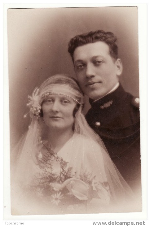 Carte Postale Photo Couple Mariés Militaire Mariage Voile Bouquet Photo Vilair-Scherr Epinal - Noces