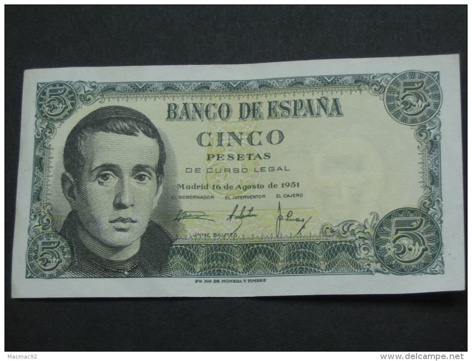 ESPAGNE  5 Cinco Pesetas  - 1951  Banco De Espana **** EN ACHAT IMMEDIAT **** - 5 Peseten