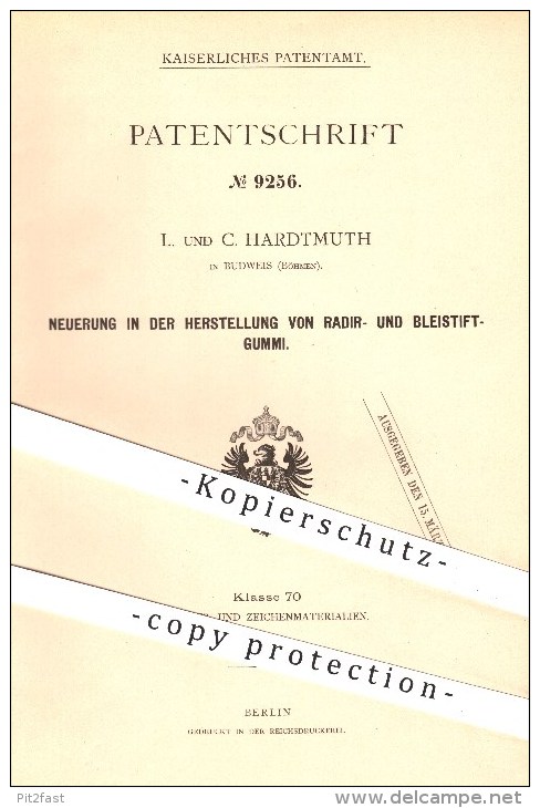 Original Patent - L. Und C. Hardtmuth In Budweis , Böhmen , 1879 , Herstellung Von Radiergummi , Bleistiftgummi , Gummi - Schreibgerät