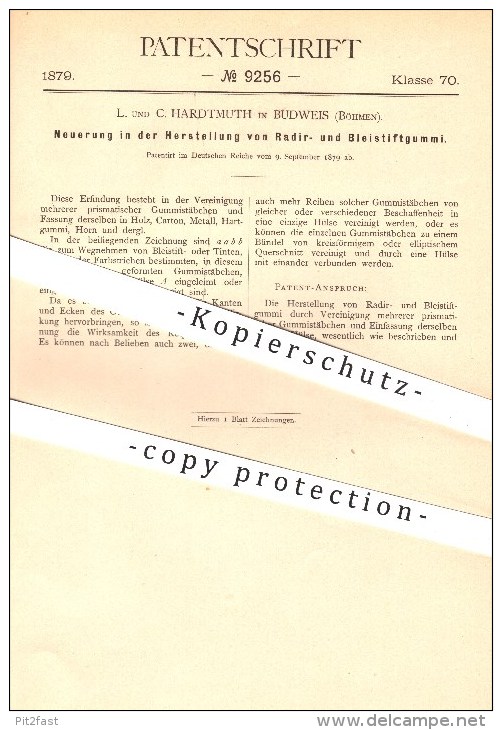 Original Patent - L. Und C. Hardtmuth In Budweis , Böhmen , 1879 , Herstellung Von Radiergummi , Bleistiftgummi , Gummi - Schreibgerät