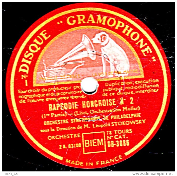 78 Trs 30 Cm état EX ORCHESTRE SYMPHONIQUE DE PHILADELPHIE - RAPSODIE HONGROISE N° 2  1re Partie Et Fin - 78 T - Disques Pour Gramophone