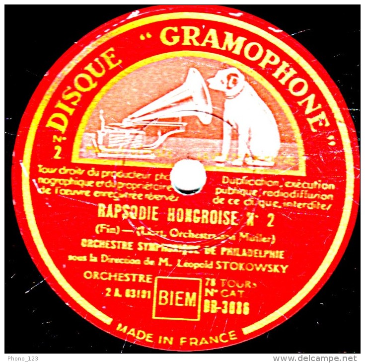 78 Trs 30 Cm état EX ORCHESTRE SYMPHONIQUE DE PHILADELPHIE - RAPSODIE HONGROISE N° 2  1re Partie Et Fin - 78 T - Disques Pour Gramophone