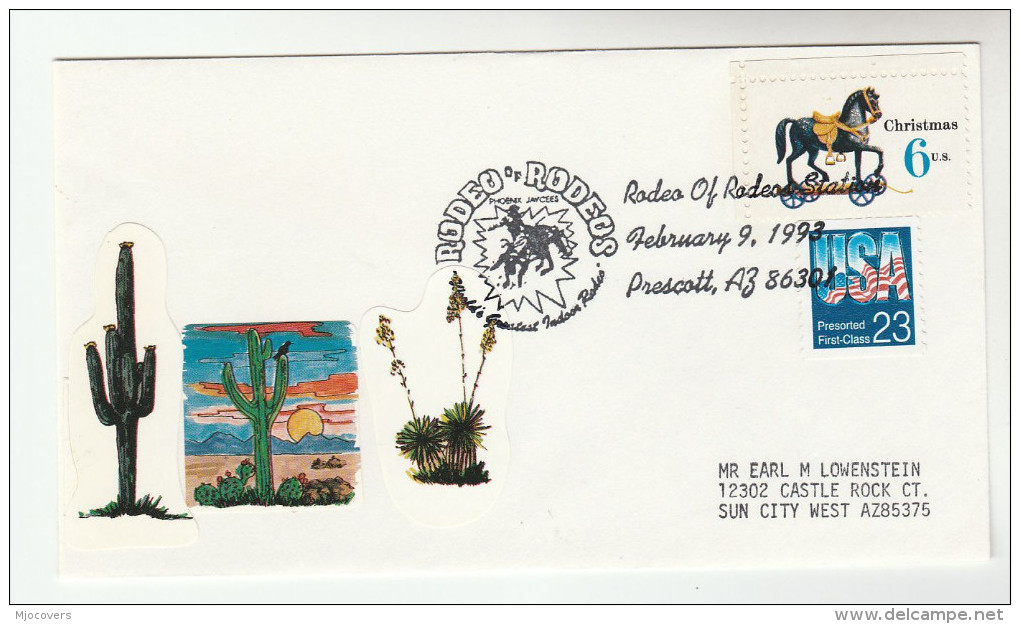 1993 Prescott  ARIZONA ' RODEO Of RODEOS '  EVENT COVER USA  Illus CACTUS Label  Stamps Cacti Horse Horses - Horses