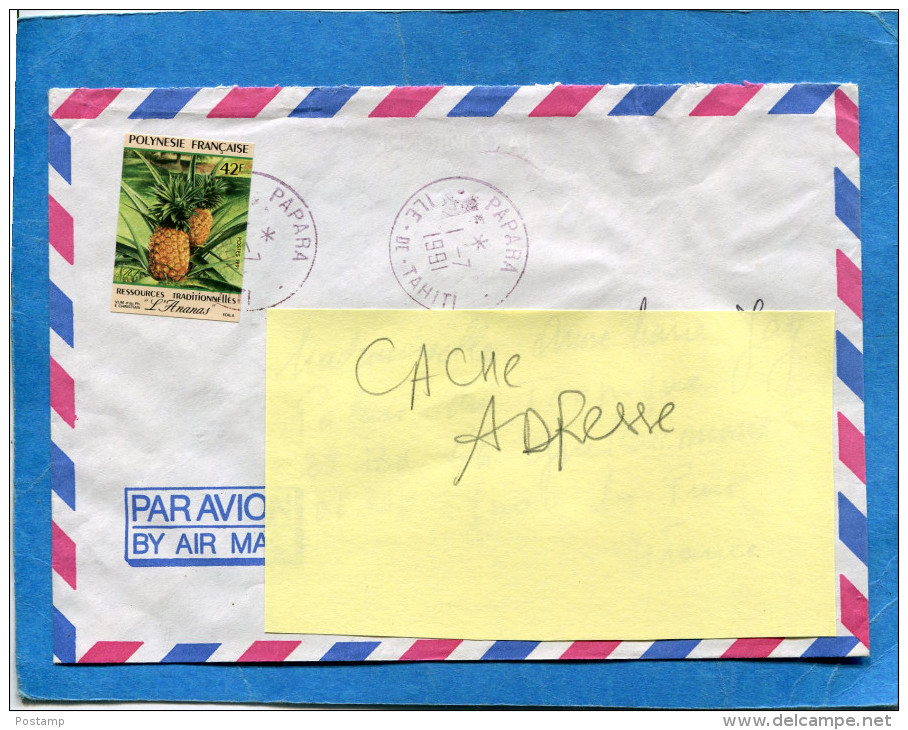 MARCOPHILIE-lettre-POLYNESIE FSE- Pour Françe -cad- PAPARA 1991-  Stamps-N°372-non Dentelé Ananas - Lettres & Documents