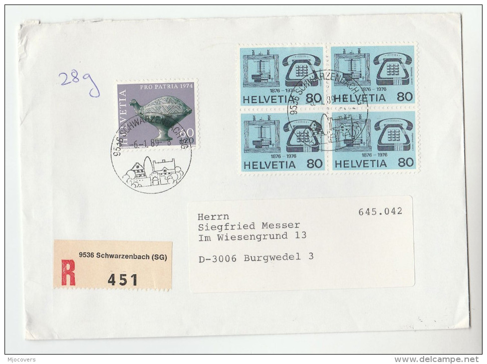 1989 REGISTERED Schwarzenbach SWITZERLAND COVER Stamps  4x TELEPHONE  1x Pro Patria Stamps Telecom - Telecom