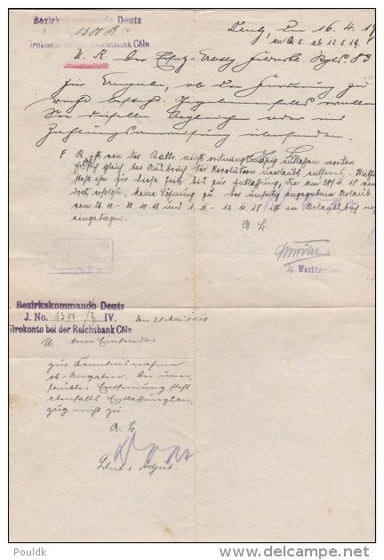 German Document Just After WW1: Bezirkskommando Deutz 5.4.1919 - A Former Soldier In Bergneustadt Requests Money   (G77- - Militaria