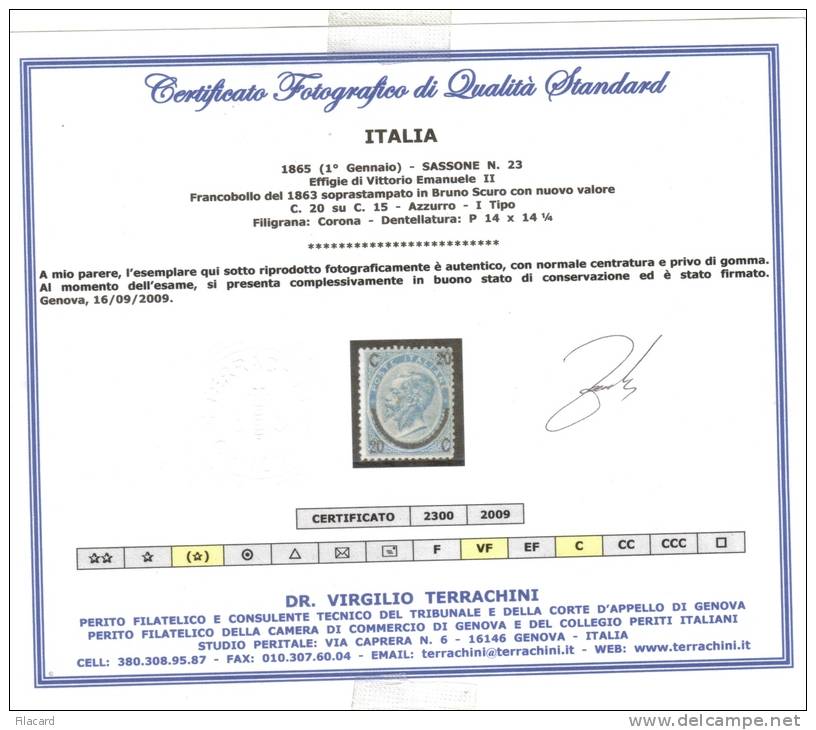 Italia Italy Italien Italie 1865 Effigie Vittorio Emanuele II 15c  Ferro Di Cavallo I Tipo Certificato - Neufs