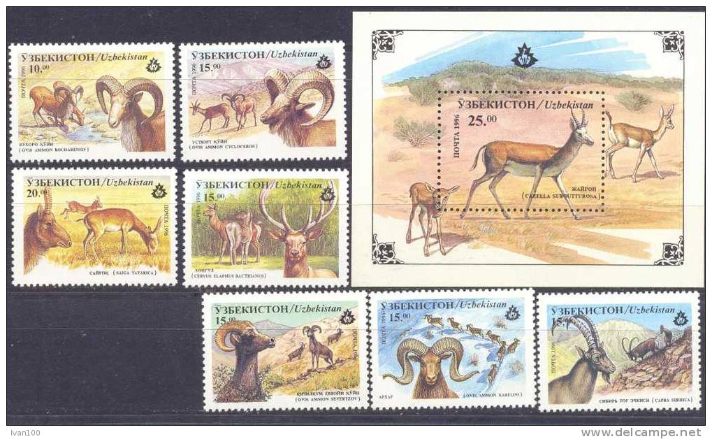 1996. Uzbekistan, Animals, Wild Goats, 7v + S/s, Mint/** - Uzbekistan