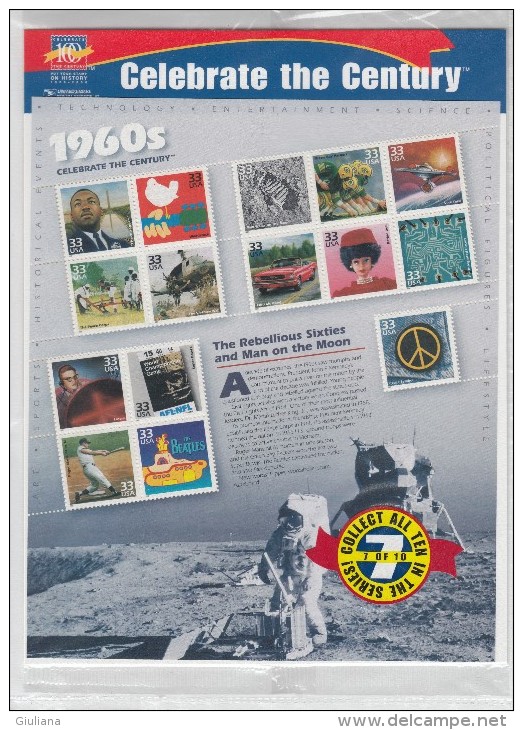 Stati Uniti - Celebrazioni XX Secolo-n. 10 fogli illustrati venduti in pochette con 15 francobolli e al retro il testo